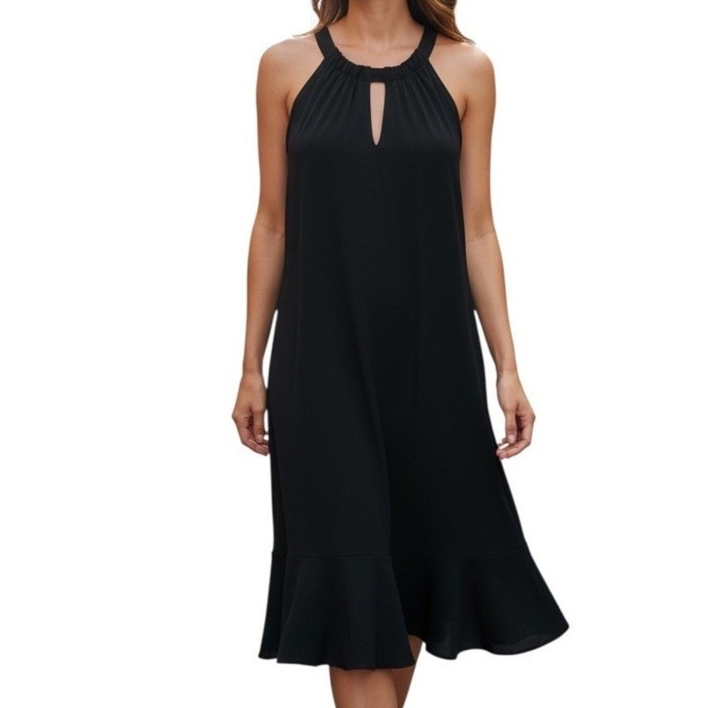 WHITE HOUSE BLACK MARKET Black Halter Keyhole Ruffle Hem Midi Dress EUC Size  XS